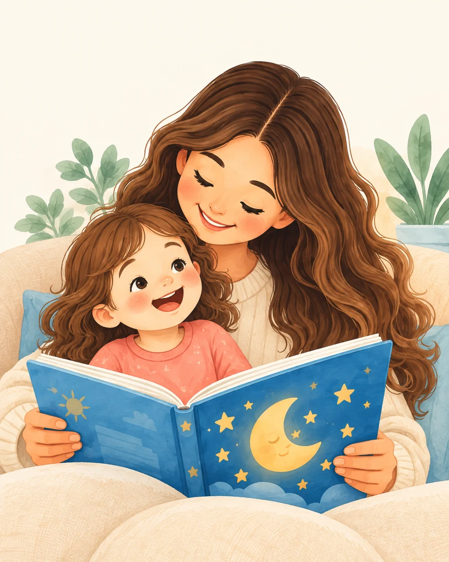 Illustration of a parent and young child sharing a book